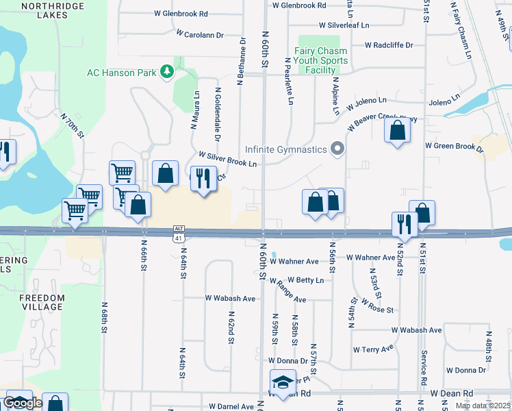 map of restaurants, bars, coffee shops, grocery stores, and more near 8875 North 60th Street in Brown Deer