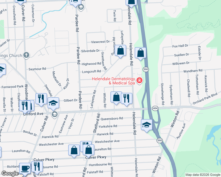 map of restaurants, bars, coffee shops, grocery stores, and more near 111 Cliffordale Park in Rochester
