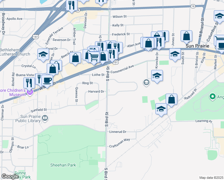 map of restaurants, bars, coffee shops, grocery stores, and more near 245 South Bird Street in Sun Prairie