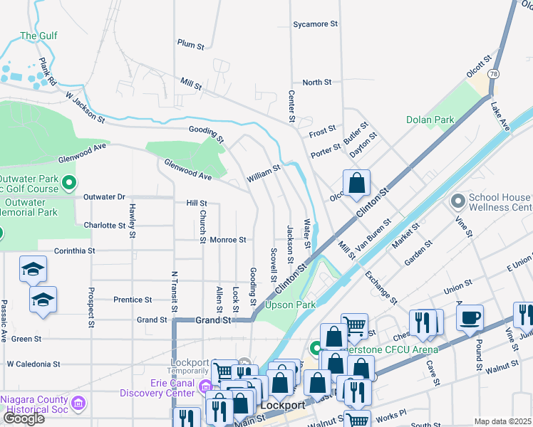 map of restaurants, bars, coffee shops, grocery stores, and more near 235 Gooding Street in Lockport