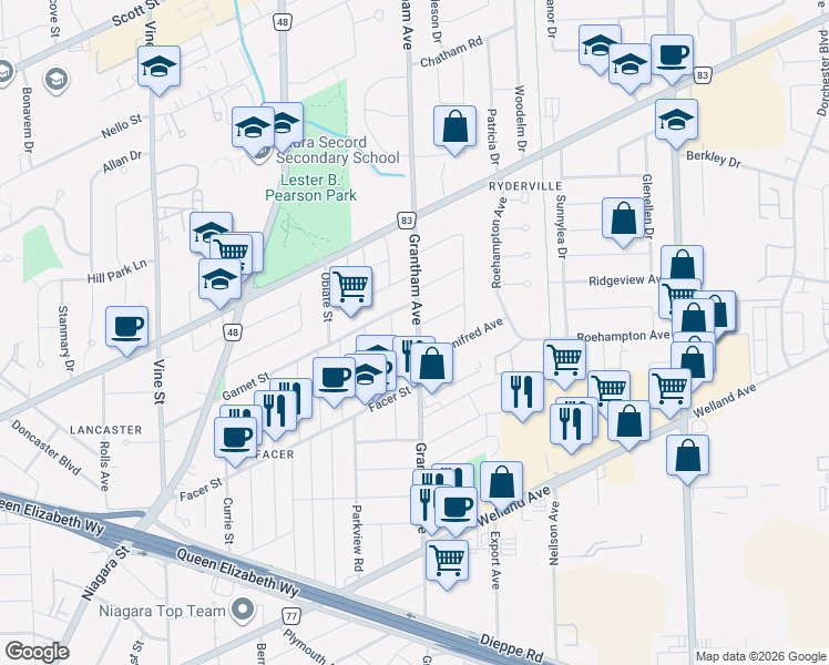 map of restaurants, bars, coffee shops, grocery stores, and more near 287 Grantham Avenue in St. Catharines