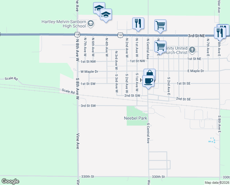 map of restaurants, bars, coffee shops, grocery stores, and more near 151 South 3rd Avenue West in Hartley
