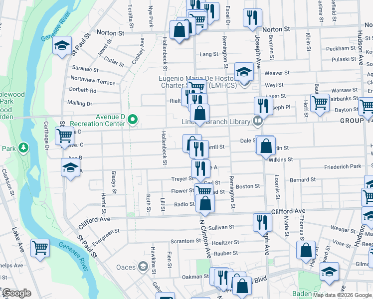 map of restaurants, bars, coffee shops, grocery stores, and more near 59 Morrill Street in Rochester