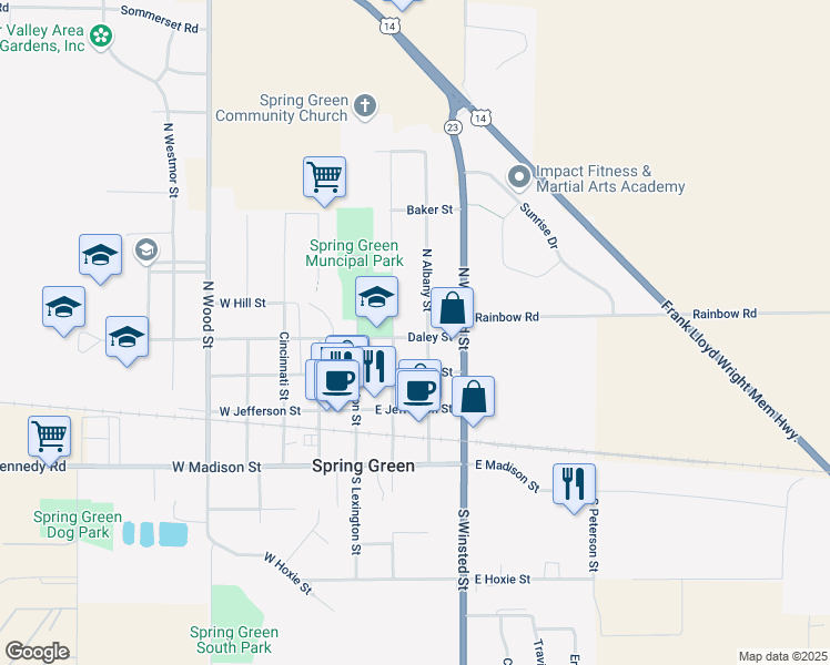 map of restaurants, bars, coffee shops, grocery stores, and more near 197 Daley Street in Spring Green