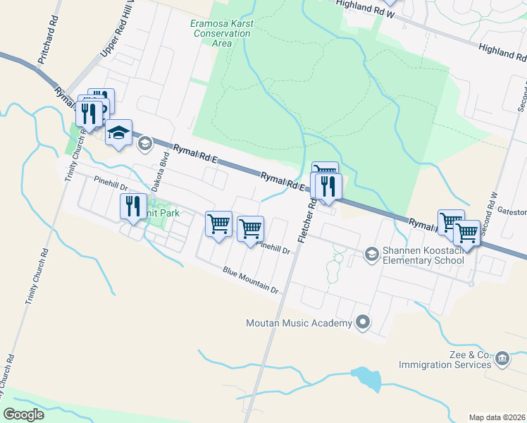 map of restaurants, bars, coffee shops, grocery stores, and more near 107 Bocelli Crescent in Hamilton