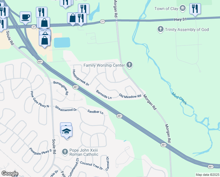 map of restaurants, bars, coffee shops, grocery stores, and more near 4287 Old Meadow Road in Clay