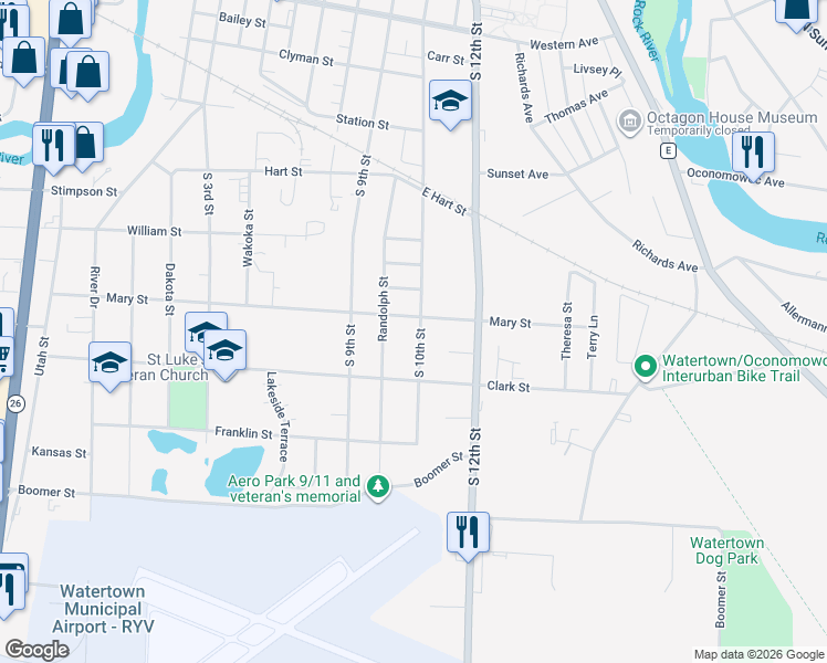 map of restaurants, bars, coffee shops, grocery stores, and more near 1404 South 10th Street in Watertown