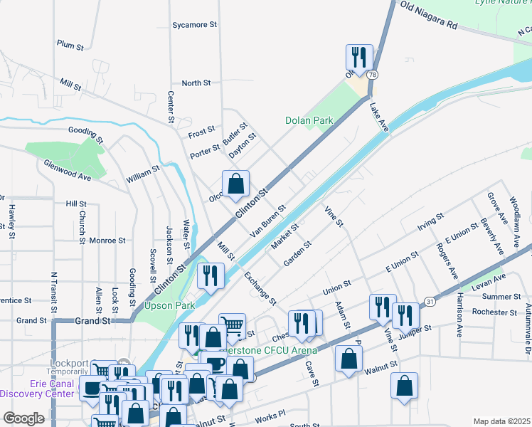 map of restaurants, bars, coffee shops, grocery stores, and more near 85 Van Buren Street in Lockport