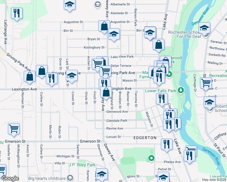map of restaurants, bars, coffee shops, grocery stores, and more near 325 Lexington Avenue in Rochester