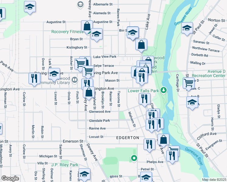 map of restaurants, bars, coffee shops, grocery stores, and more near 229 Lexington Avenue in Rochester