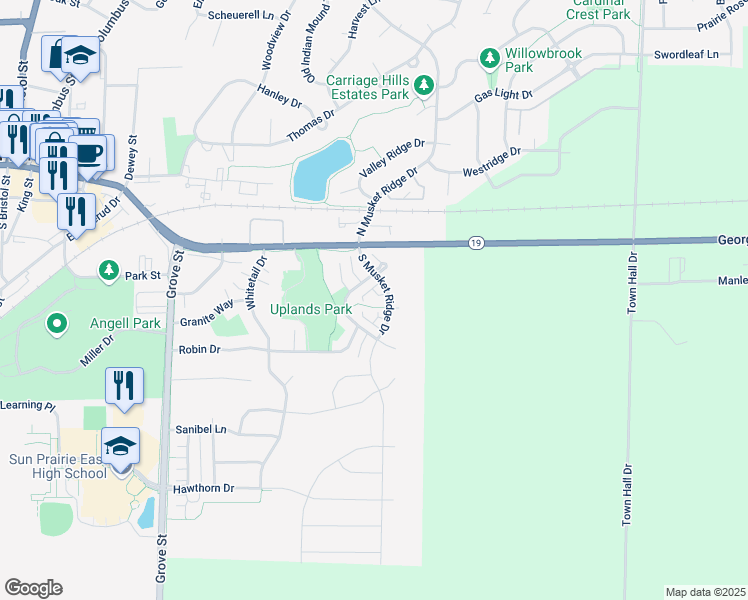 map of restaurants, bars, coffee shops, grocery stores, and more near 244 South Musket Ridge Drive in Sun Prairie