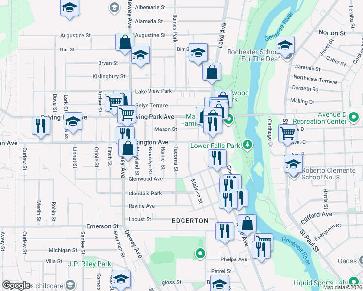 map of restaurants, bars, coffee shops, grocery stores, and more near 175 Lexington Avenue in Rochester