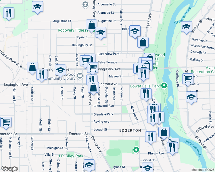 map of restaurants, bars, coffee shops, grocery stores, and more near 38 Brooklyn Street in Rochester