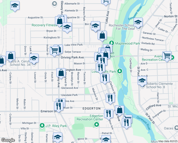 map of restaurants, bars, coffee shops, grocery stores, and more near 175 Lexington Avenue in Rochester