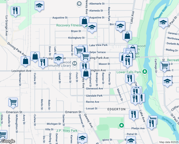 map of restaurants, bars, coffee shops, grocery stores, and more near 325 Lexington Avenue in Rochester