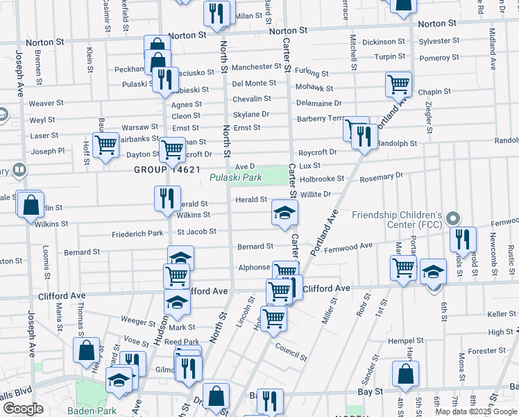 map of restaurants, bars, coffee shops, grocery stores, and more near 612 Wilkins Street in Rochester