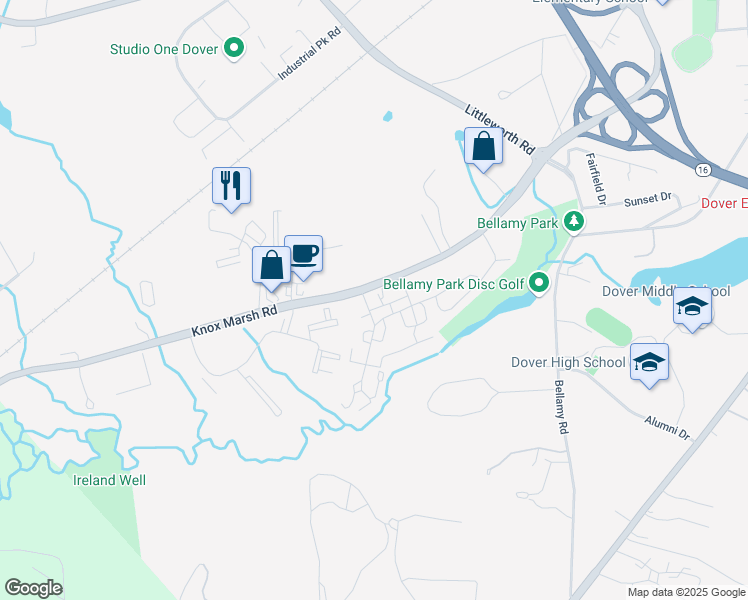 map of restaurants, bars, coffee shops, grocery stores, and more near 2 Westgate Drive in Dover