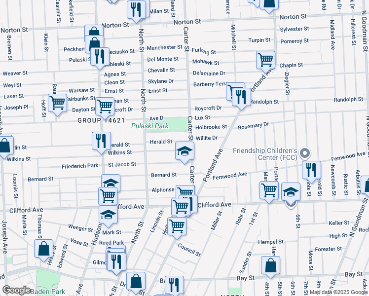 map of restaurants, bars, coffee shops, grocery stores, and more near 662 Wilkins Street in Rochester