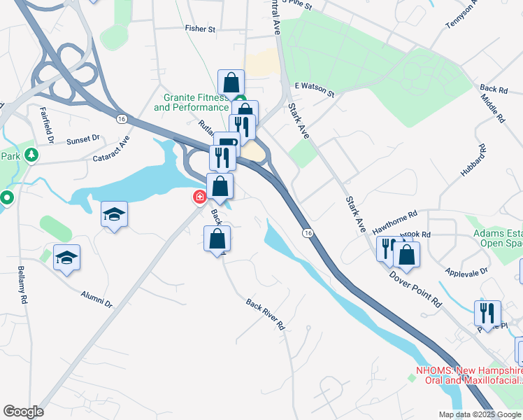 map of restaurants, bars, coffee shops, grocery stores, and more near 21 Mill Street in Dover
