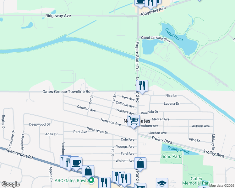 map of restaurants, bars, coffee shops, grocery stores, and more near 97 Kerr Avenue in Rochester