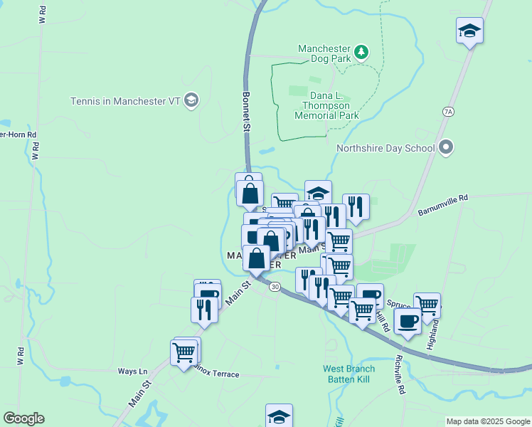 map of restaurants, bars, coffee shops, grocery stores, and more near 141 Bonnet Street in Bennington County