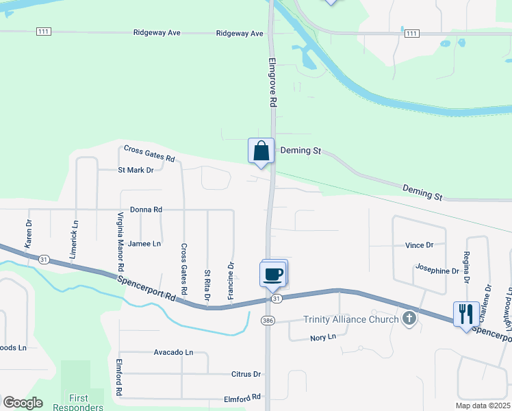 map of restaurants, bars, coffee shops, grocery stores, and more near 12 Elmgrove Drive in Rochester
