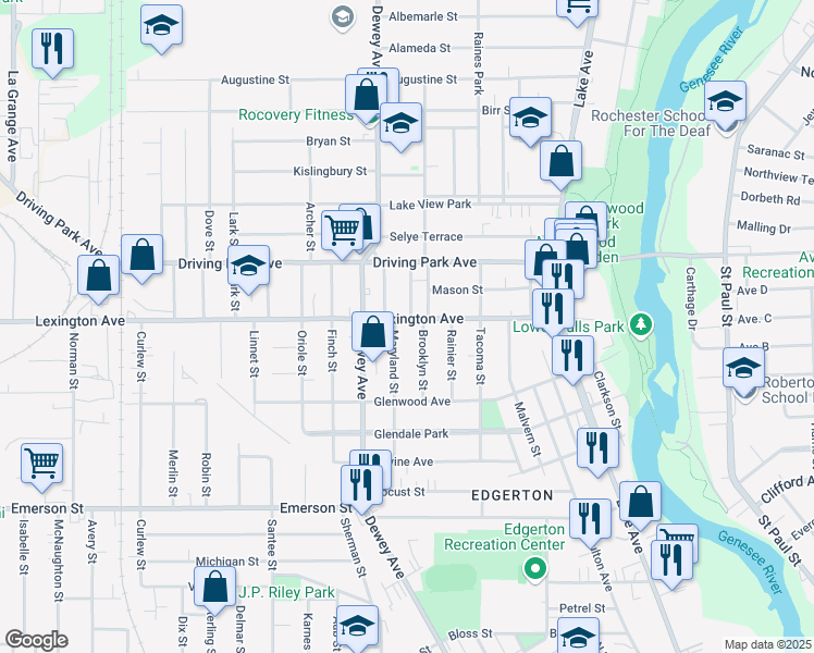 map of restaurants, bars, coffee shops, grocery stores, and more near 301 Lexington Avenue in Rochester