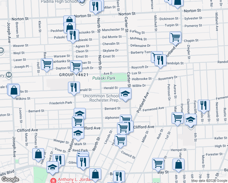 map of restaurants, bars, coffee shops, grocery stores, and more near 612 Wilkins Street in Rochester