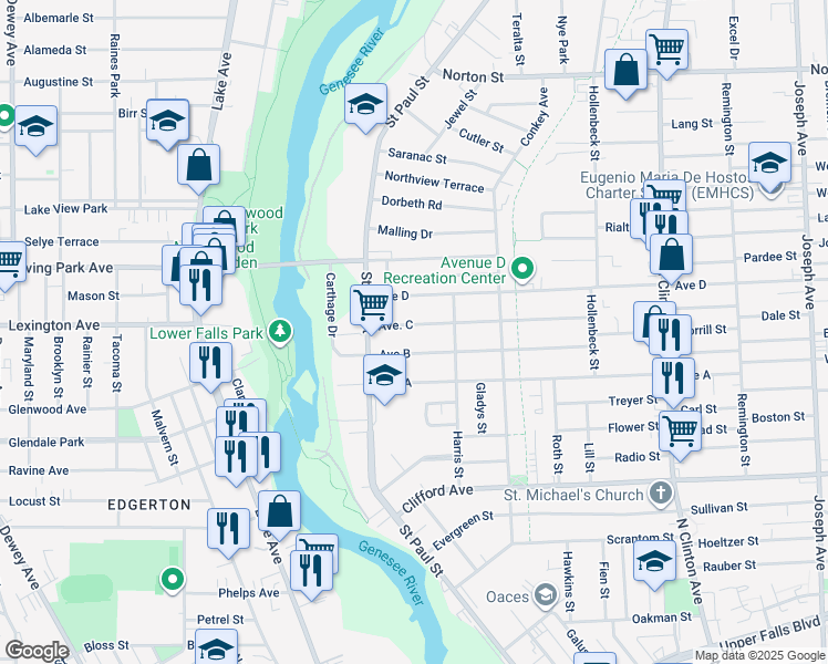 map of restaurants, bars, coffee shops, grocery stores, and more near 51 Avenue C in Rochester
