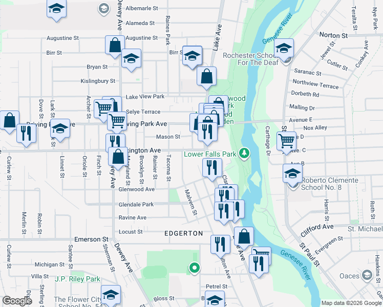 map of restaurants, bars, coffee shops, grocery stores, and more near 115 Lexington Avenue in Rochester