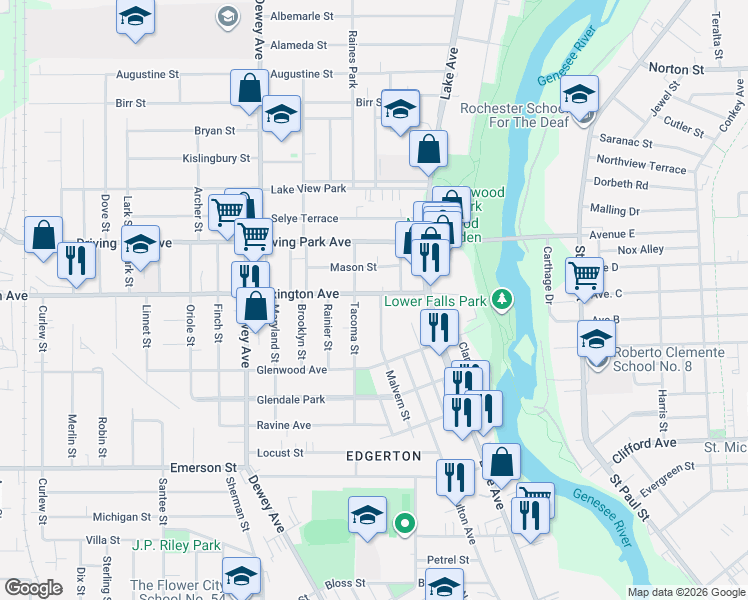 map of restaurants, bars, coffee shops, grocery stores, and more near 175 Lexington Avenue in Rochester