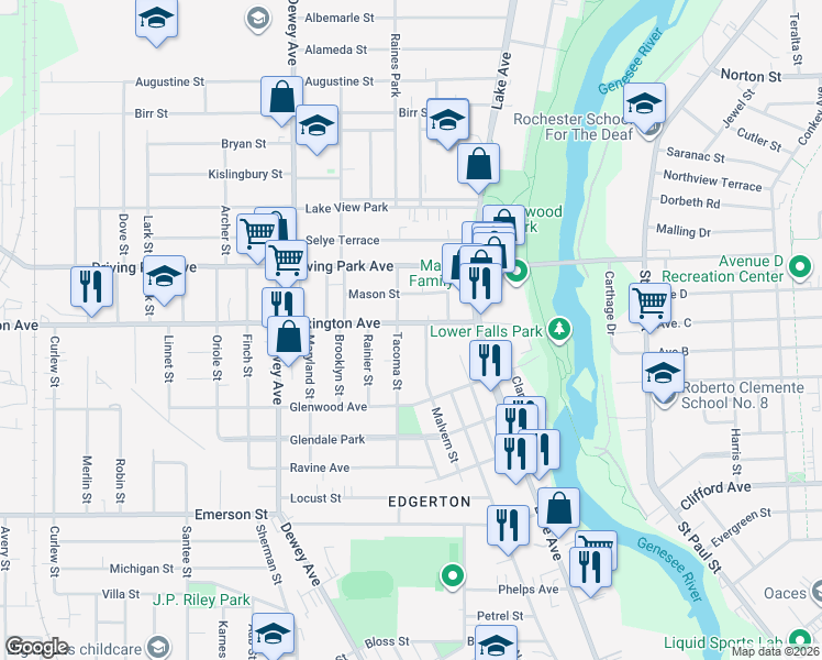 map of restaurants, bars, coffee shops, grocery stores, and more near 175 Lexington Avenue in Rochester