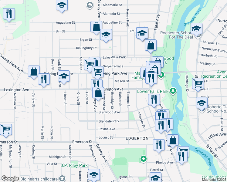 map of restaurants, bars, coffee shops, grocery stores, and more near 38 Brooklyn Street in Rochester