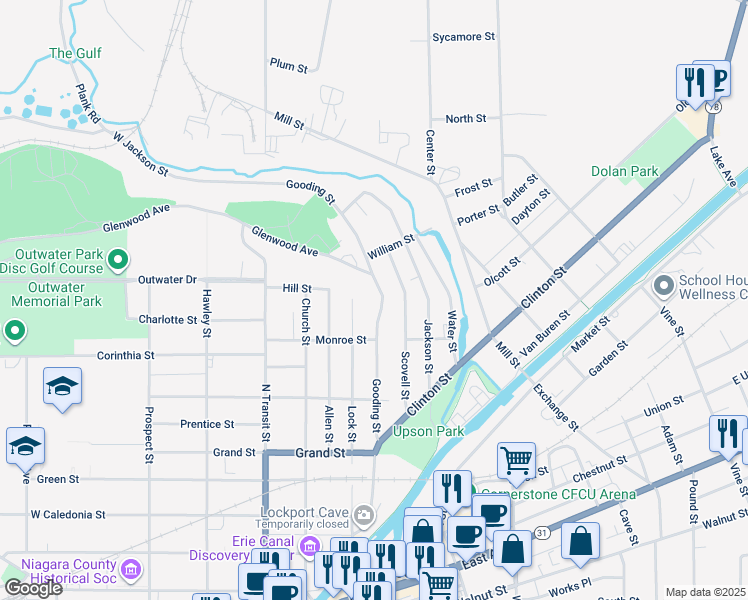 map of restaurants, bars, coffee shops, grocery stores, and more near 235 Gooding Street in Lockport
