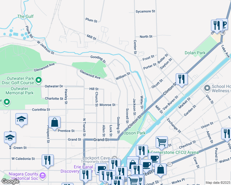 map of restaurants, bars, coffee shops, grocery stores, and more near 283 Lock Street in Lockport