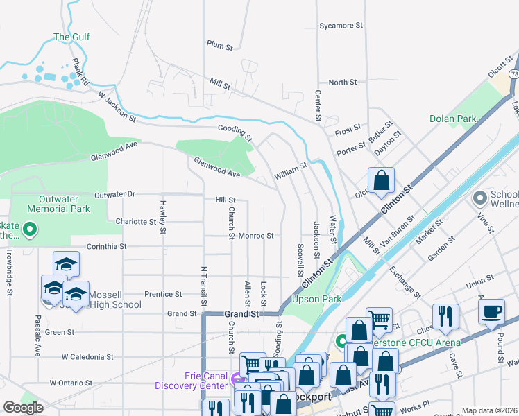 map of restaurants, bars, coffee shops, grocery stores, and more near 283 Lock Street in Lockport