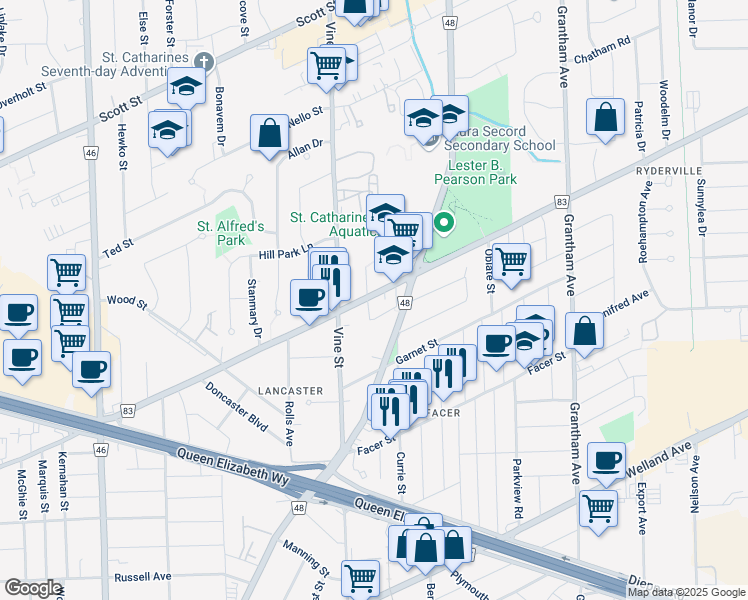 map of restaurants, bars, coffee shops, grocery stores, and more near in St. Catharines
