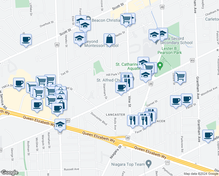 map of restaurants, bars, coffee shops, grocery stores, and more near in St. Catharines