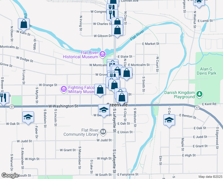 map of restaurants, bars, coffee shops, grocery stores, and more near 118 West Cass Street in Greenville