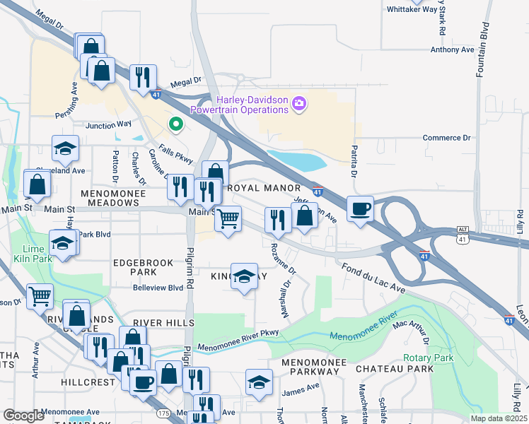 map of restaurants, bars, coffee shops, grocery stores, and more near N89W15243 Cleveland Avenue in Menomonee Falls