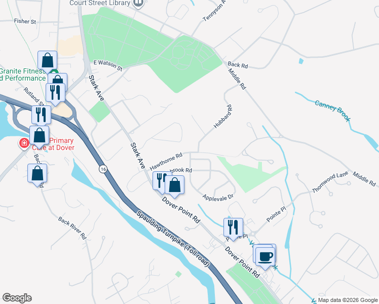 map of restaurants, bars, coffee shops, grocery stores, and more near 14 Hawthorne Road in Dover