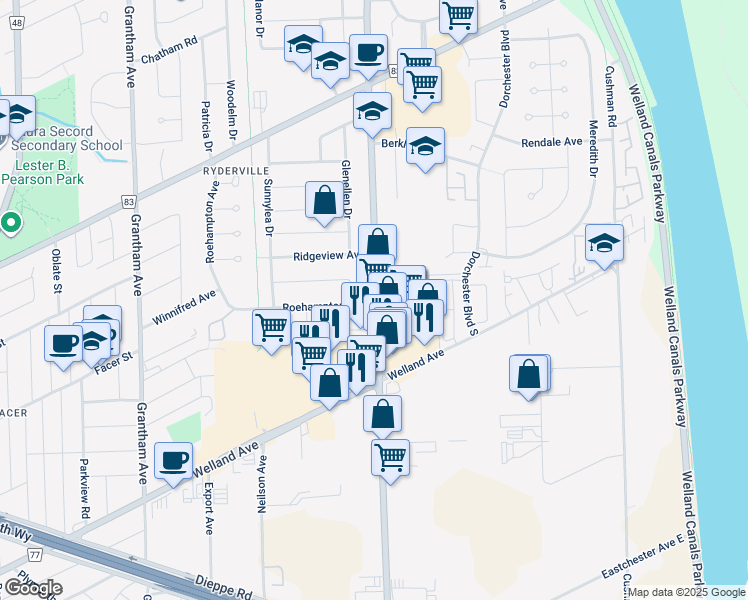 map of restaurants, bars, coffee shops, grocery stores, and more near 1057 Bunting Road in St. Catharines