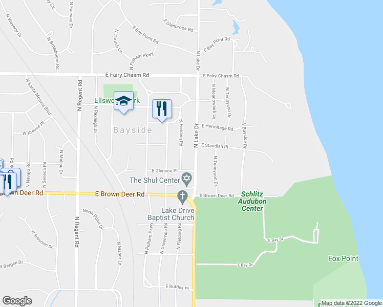 map of restaurants, bars, coffee shops, grocery stores, and more near 8949 North Lake Drive in Bayside