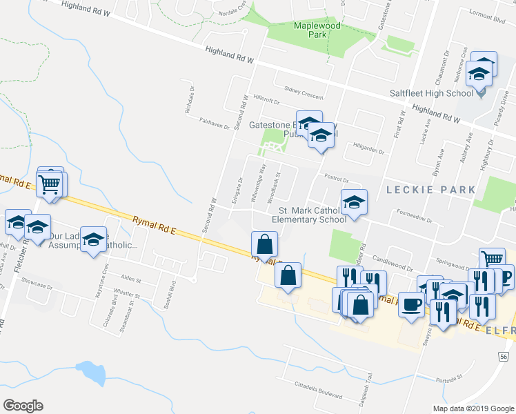 map of restaurants, bars, coffee shops, grocery stores, and more near 261 Gatestone Drive in Hamilton