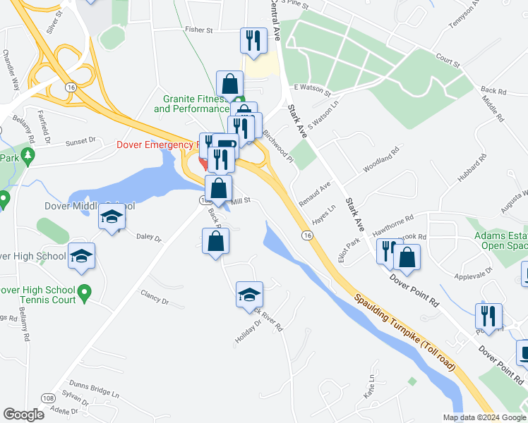 map of restaurants, bars, coffee shops, grocery stores, and more near 20 Mill Street in Dover