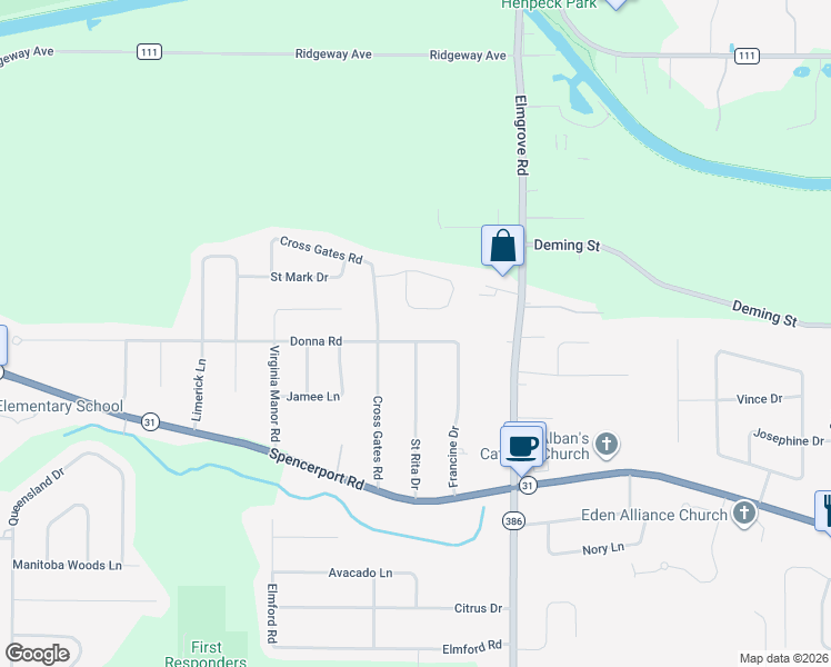 map of restaurants, bars, coffee shops, grocery stores, and more near 52 Donna Road in Rochester