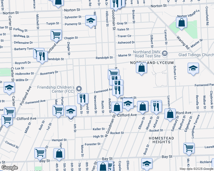 map of restaurants, bars, coffee shops, grocery stores, and more near 462 Fernwood Avenue in Rochester