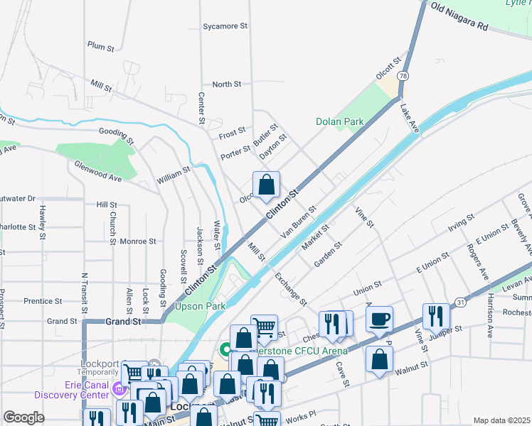 map of restaurants, bars, coffee shops, grocery stores, and more near 225 Clinton Street in Lockport