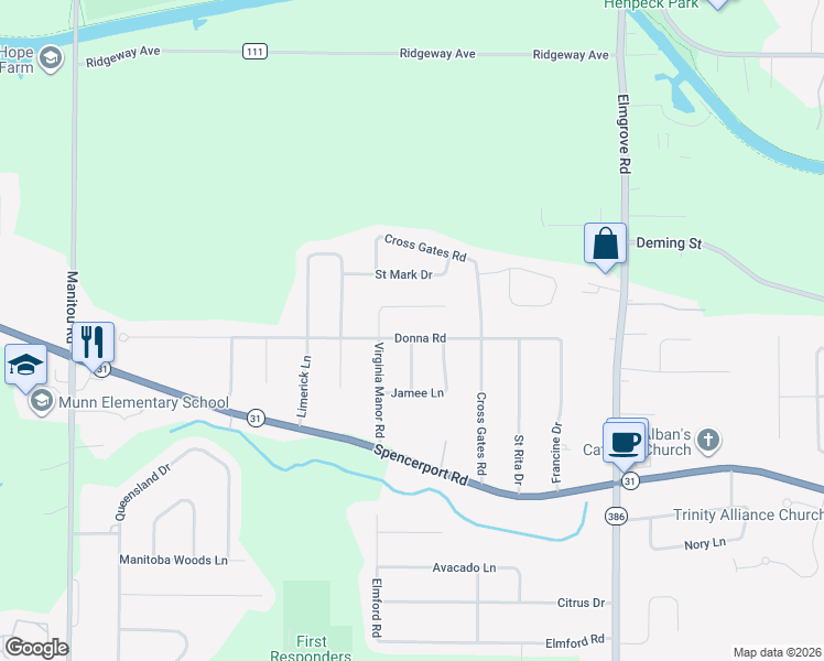 map of restaurants, bars, coffee shops, grocery stores, and more near 82 Donna Road in Rochester