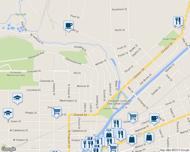 map of restaurants, bars, coffee shops, grocery stores, and more near 283 Lock Street in Lockport